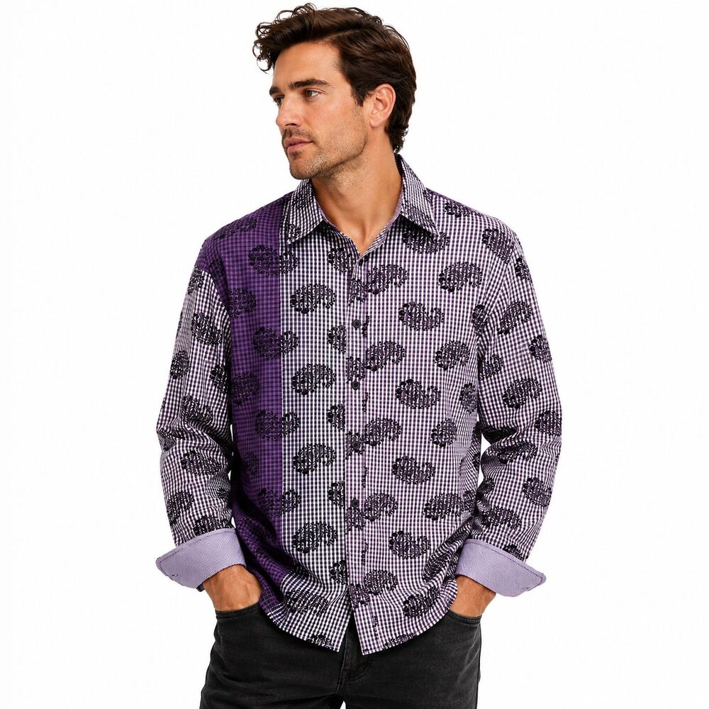 Vintage Italia Mens XL Purple Paisley Gingham Button Up Shirt Long Sleeve Read